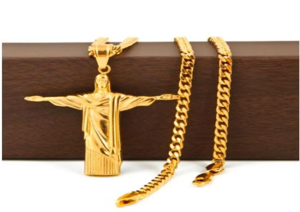 Gold en acier inoxydable Christ le rédempteur Cross Pendant Brazil Rio de Janeiro Statue Jésus Piece avec 5 mm Collier de chaîne cubaine4549185