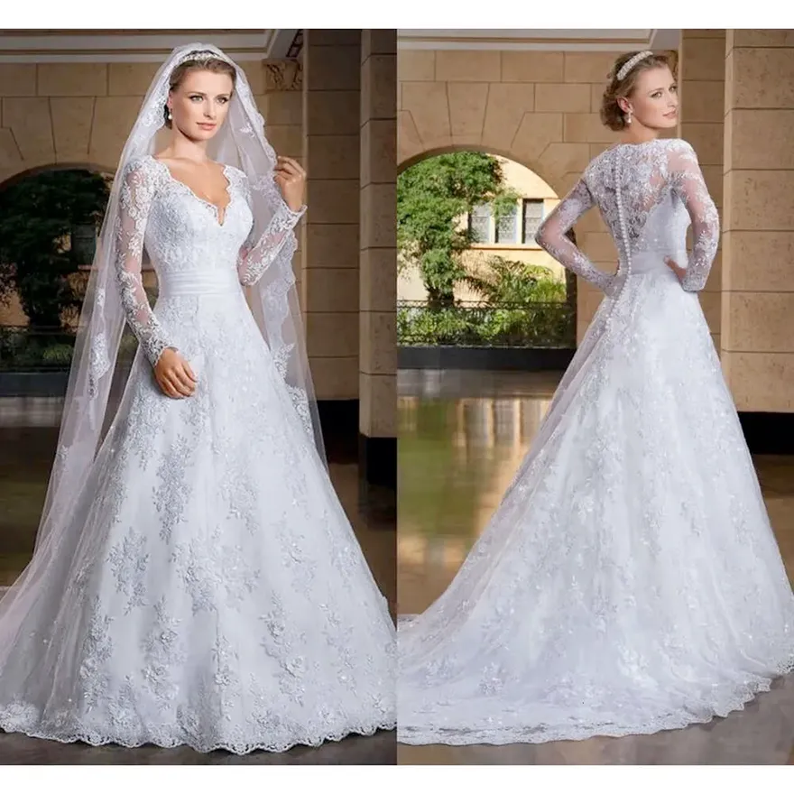 Lace A-Line Wedding Dress: Plunging Neckline, Long Sleeves Shop