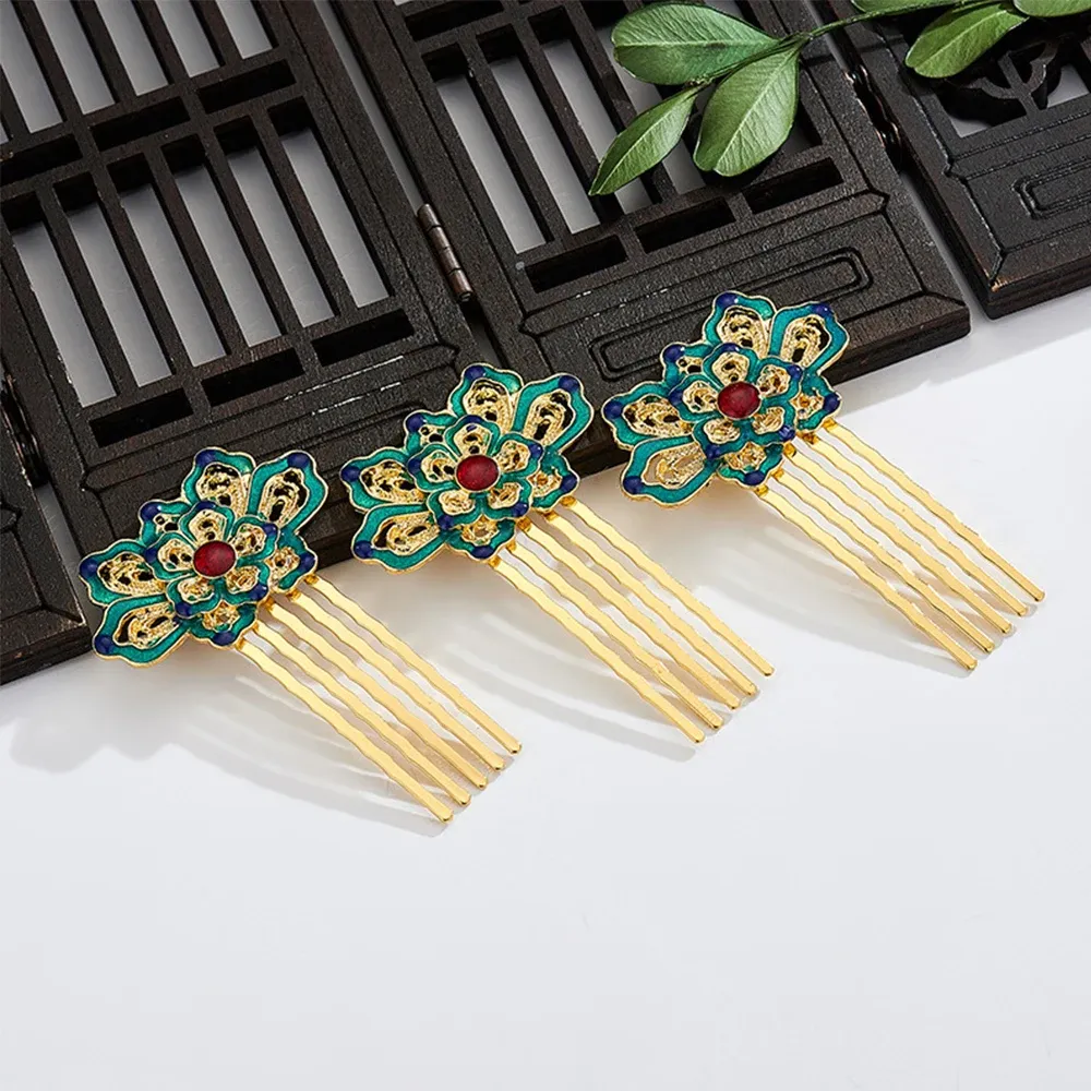 Wedding Women Traditional Chinese Blue Lotus Hair Accessories Cloisonne Hair Comb Headwear Hanfu Hairpin