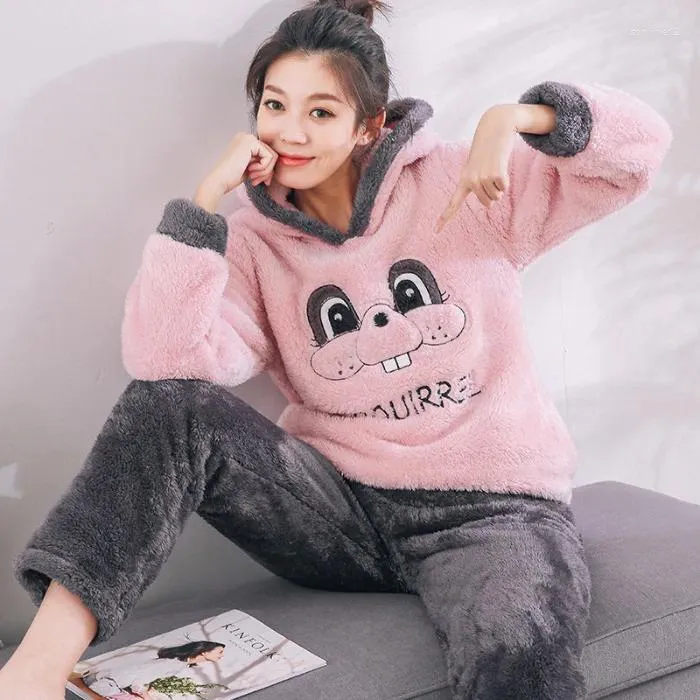 Ev Giyim Jinuo Süper Yumuşak Uzun Polar Polar Malzeme Pijama Setleri Sevimli Pembe Karikatür Sweetwear Kış Bayanlar Kız Kadın Pijama Takımları