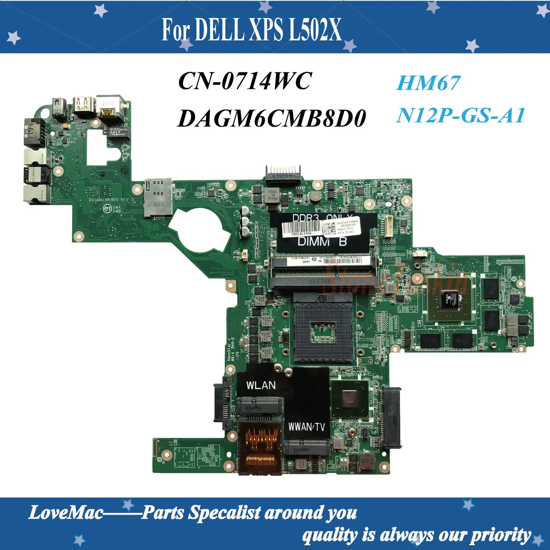 Moderkort av hög kvalitet CN0714WC 0714WC 714WC för Dell XPS L502X Laptop Motherboard HM67 DAGM6CMB8D0 2G N12PGSA1 CN0C47NF GT525 1GB