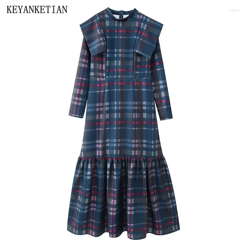 Casual jurken keyanketian 2024 lancering dames epauletten verfraait de geruite retro-stijl lange mouwen slanke enkellengte midi-jurk