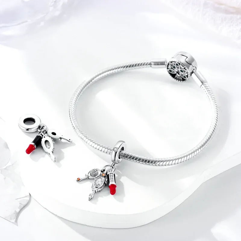 Ny kammakeup spegel läppstift 3 i 1 dingle charm fit pandora armband smycken 925 sterling silver gåva charm för mamma