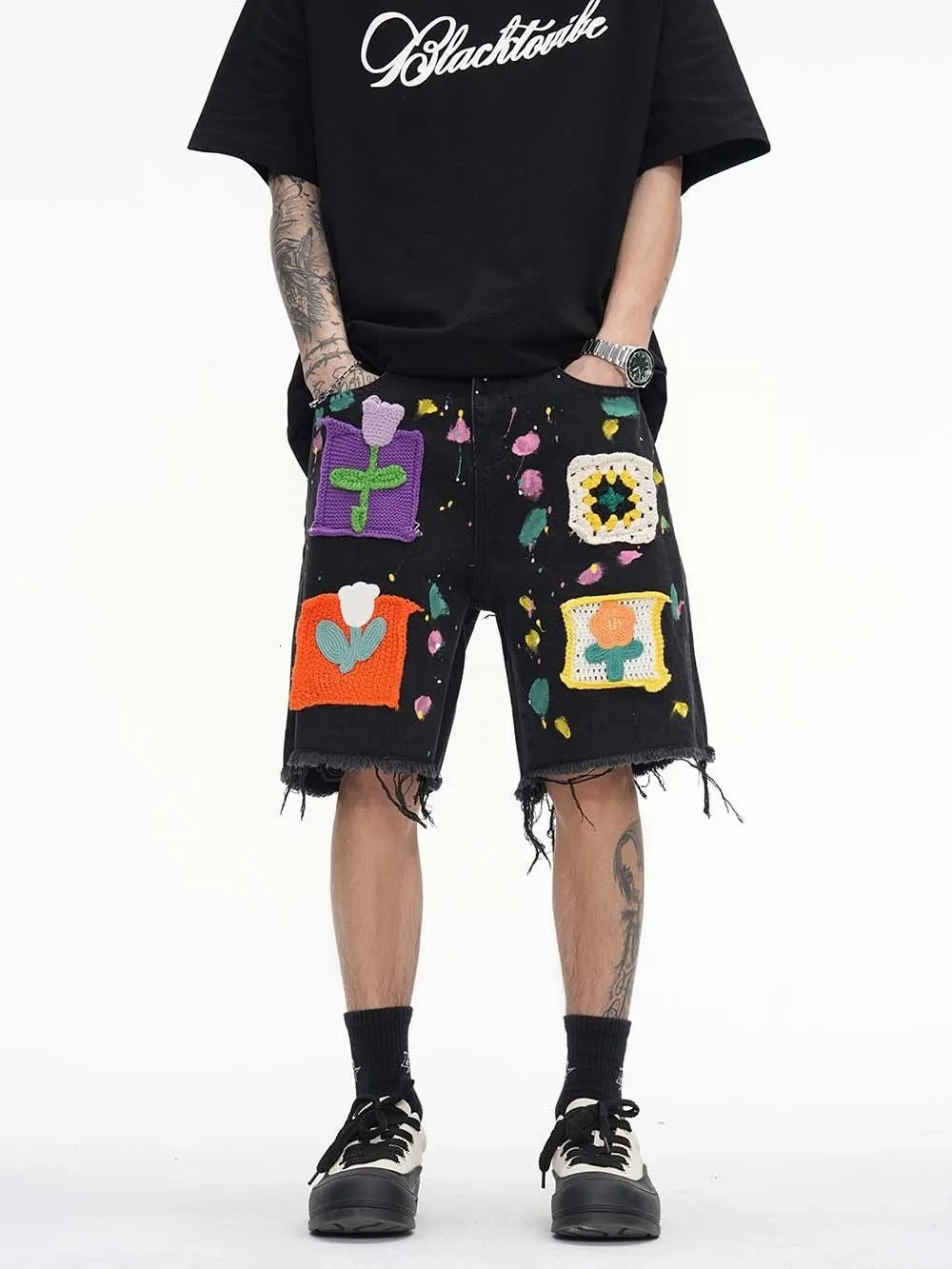 Men's Jeans Graffiti denim shorts pathches flower jeans men vibe style baggy jeans streetwear men cargo pants men y2k jeans for men unisex 230529