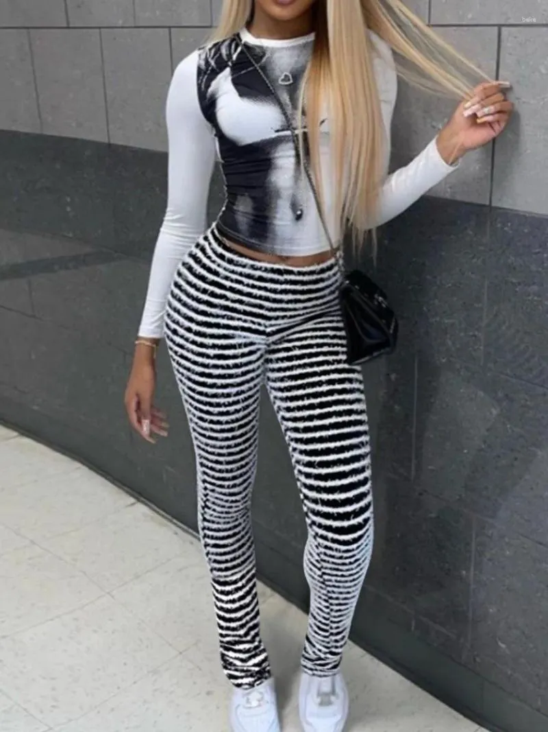 Women's Two Piece Pants LW Pieces Set Striped Skinny Long Sleeve Bodycon T-shirt And Pant 2pc Women Sexy Club Party Outfits