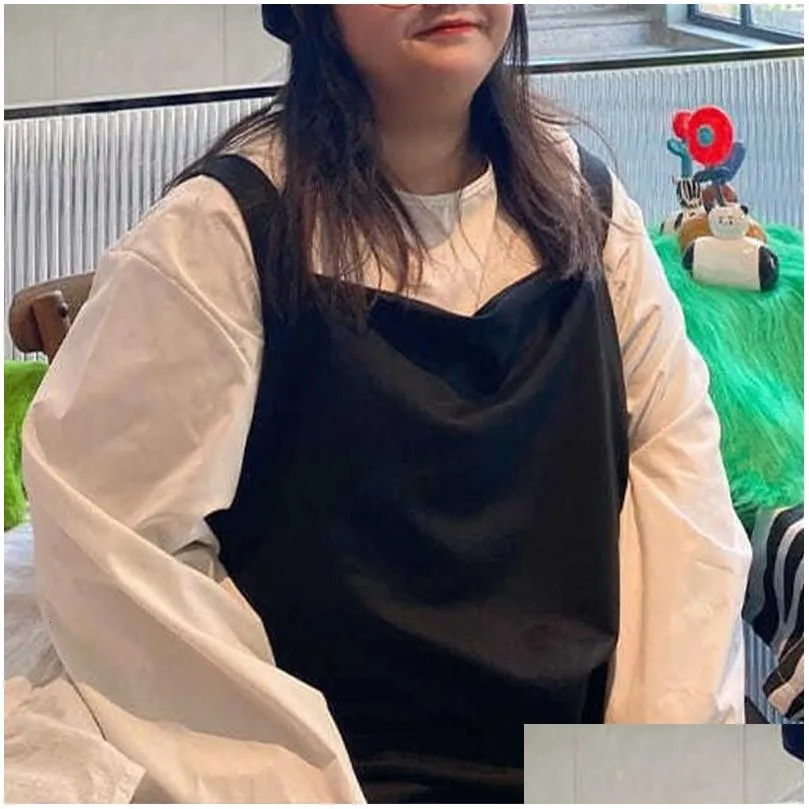Artı boyutu elbiseler Kore kıyafetleri yuvarlak boyun beyaz puf uzun kollu üst moda siyah cep tasarım gevşek kadın setleri kayış elbise damla dhja4