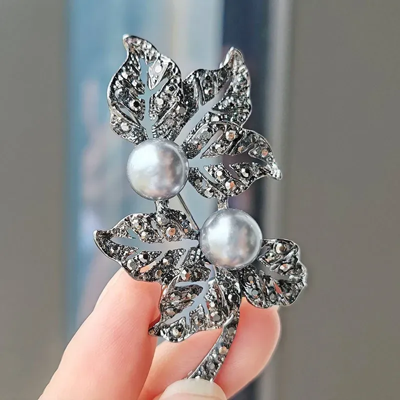 Black Rhinestone Flower brooch pin with Pearl, Bow, and Leaf
