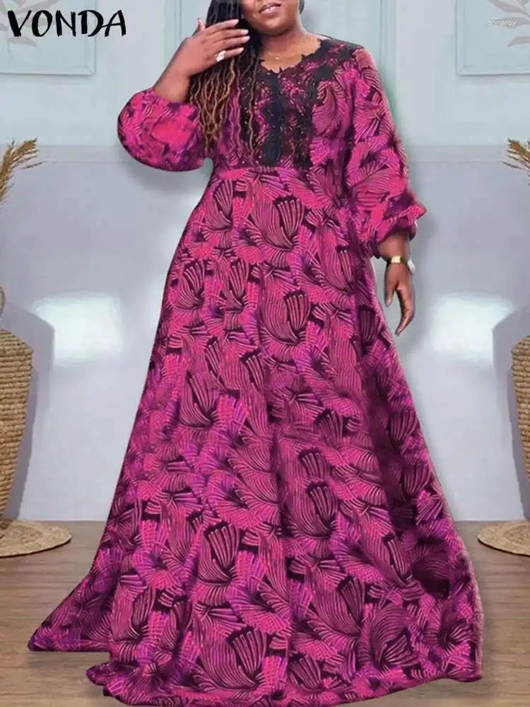 Vestidos casuais Vonda Mulheres Vestido de festa Vintage Impressão 2024 Bohemian Long Puff Sleeve Patchwork