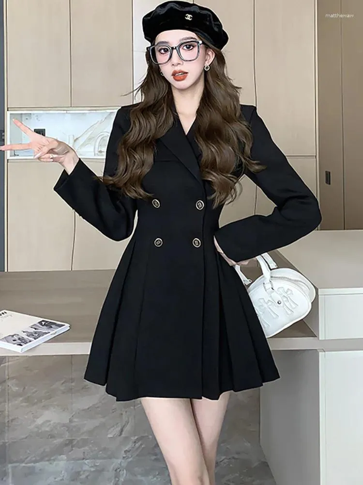 Casual Dresses 2024 Black Elegant High Waist A-Line Suit Dress Women Office Lady Short Autumn Winter Korean Vintage Bodycon