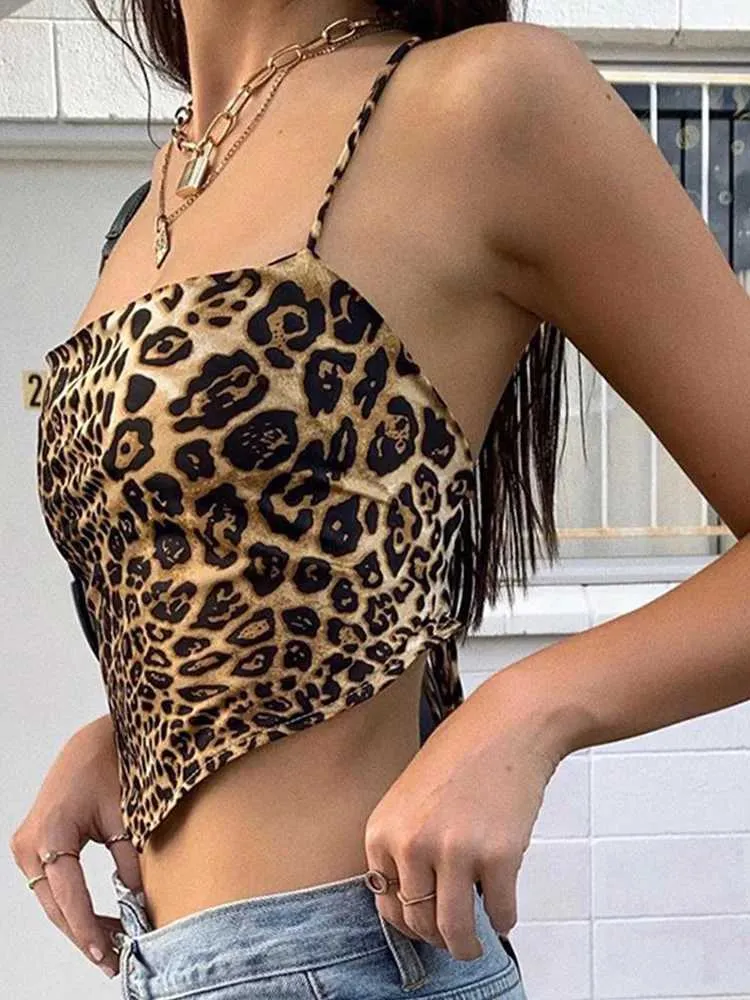 Kvinnors tankar Camis Leopard mönster Kvinnor tank top rygglös sexig rave set ärmlös kors spetsar topp braltet skörd sommargata kläder j0409