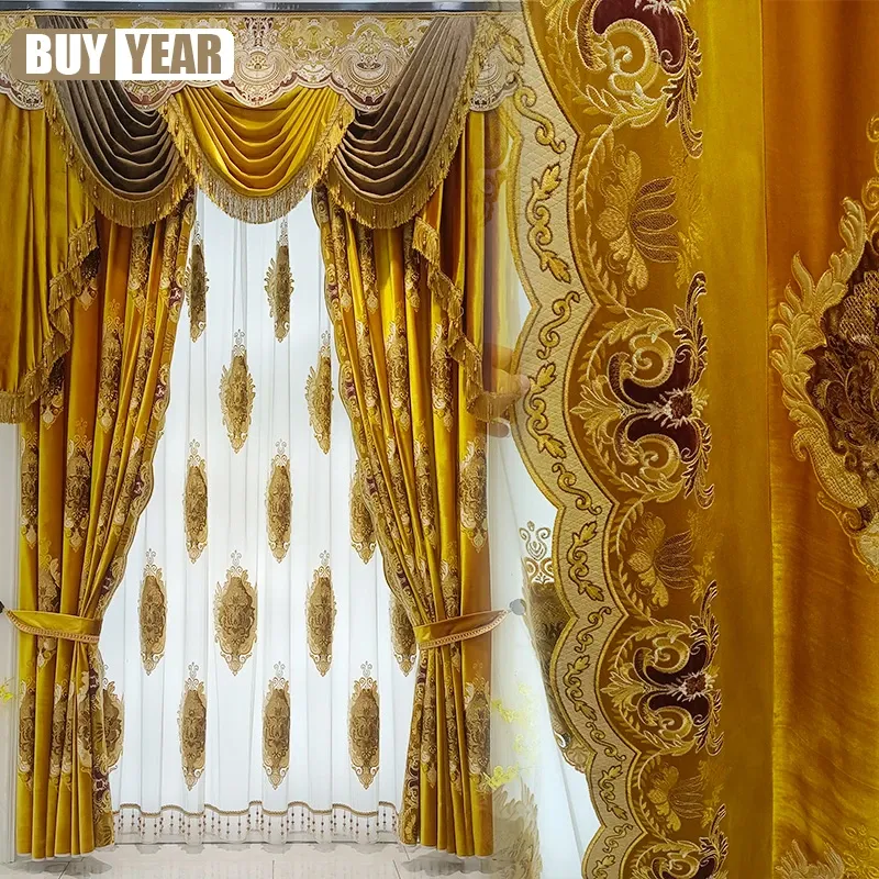 Cortinas de veludo de ouro grossas europeias de luxo para sala de jantar de jantar bordado de bordado de bordado Tull Valance Custom