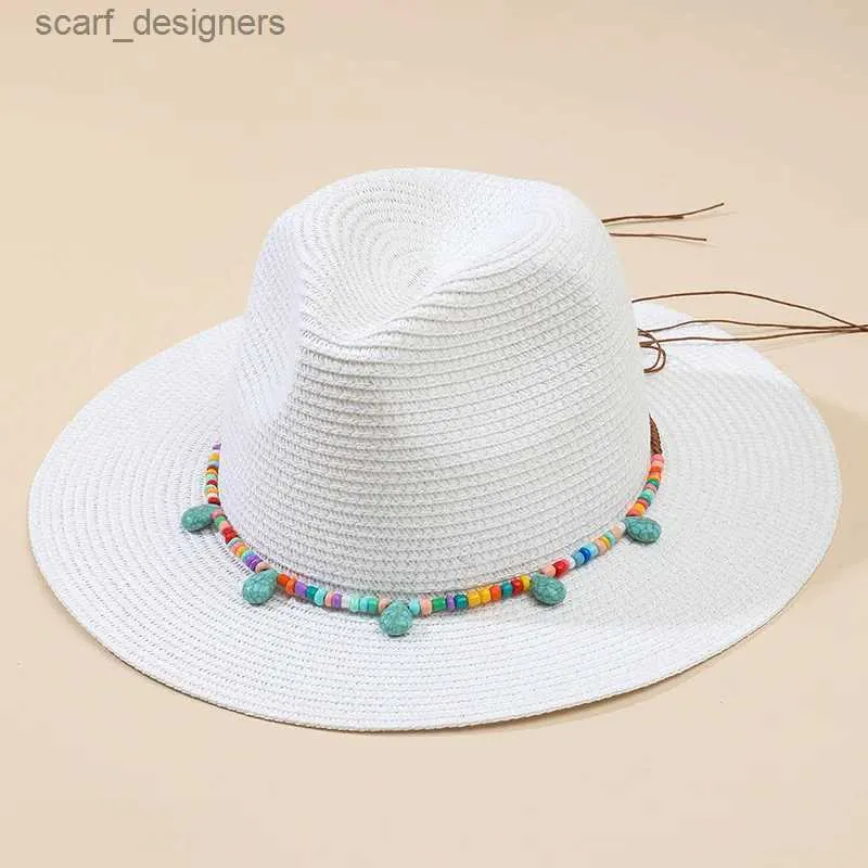 Wide Brim Hats Bucket Hats Colored Stone Accessories Mens and Womens Straw Hat White Black Panama Sun Hat Beach Vacation Sun Hat Wide Brim Jazz Cap Y240409