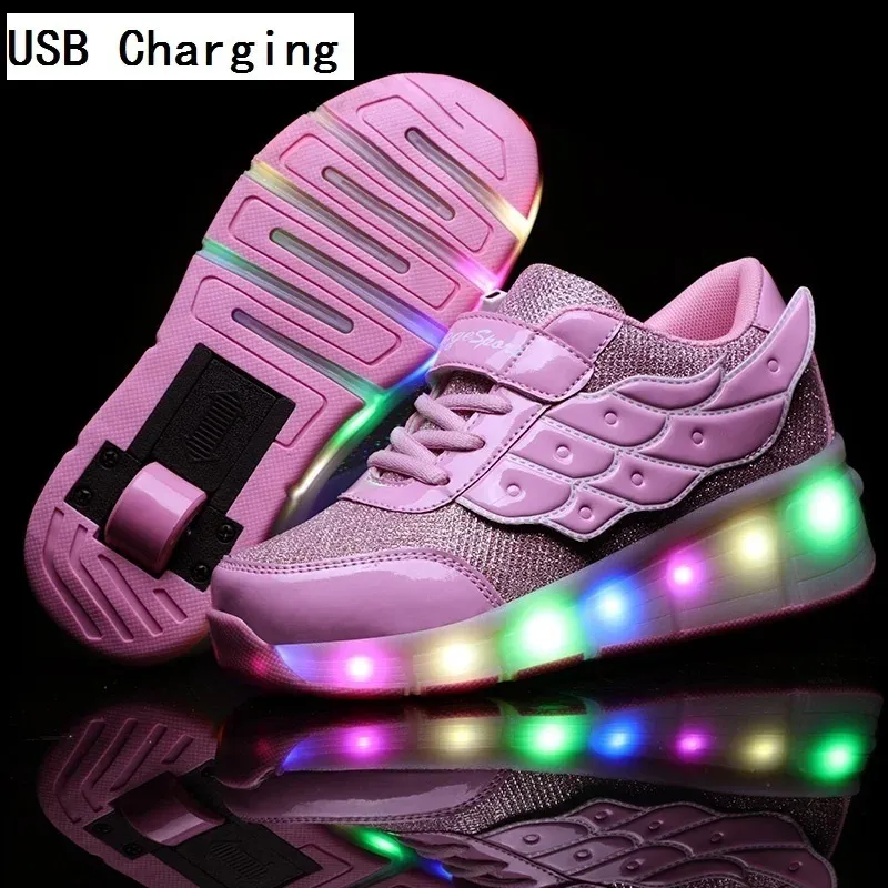Кроссовки светящиеся светящиеся кроссовки дети золотой розовый светодиодный свет один два колеса роликовые ботинки детские туфли для ботинки мальчики девочки USB Зарядка