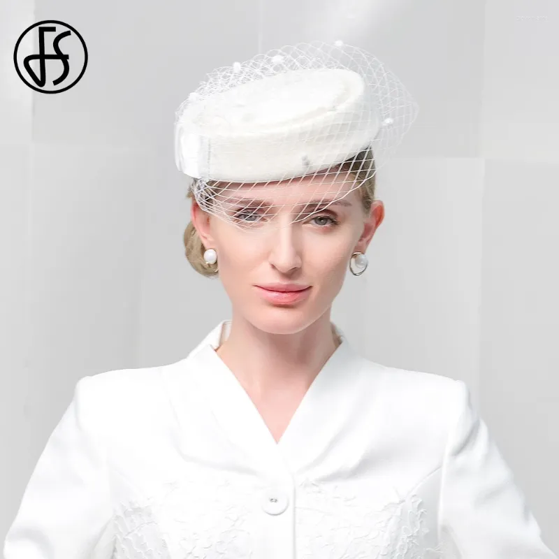 Berets FS French Elegant White Beret Air Hostess Wool Felt Hats For Women Warm Fedoras Ladies Cocktail Party Cap 2024 Spring