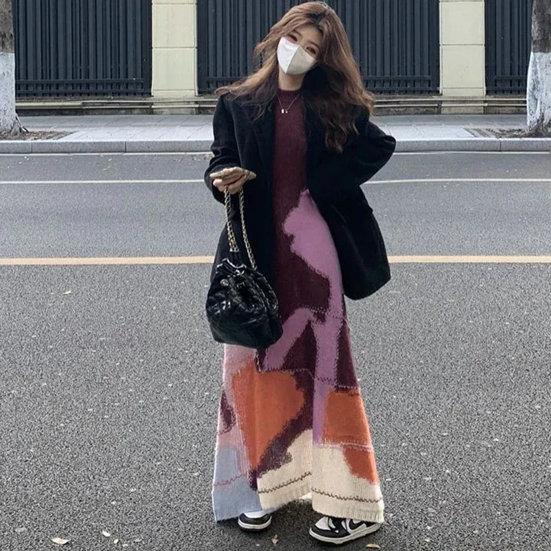 korean fashion sweater dress Knitted Sweater Dress Patchwork Women Casual Streetwear Korean Fashion  Clothes Long Sleeve Midi Dresses Chic Elegant 241108