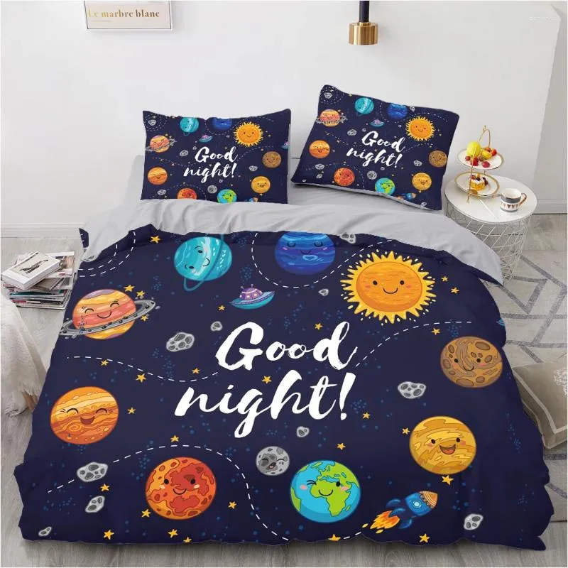 Bedding Sets Cartoon colorido Planeta Tampa de Duveta Conjunto de Consolador Azul Tamanho Double Double Size 203x230cm Linho para Crianças Adultos