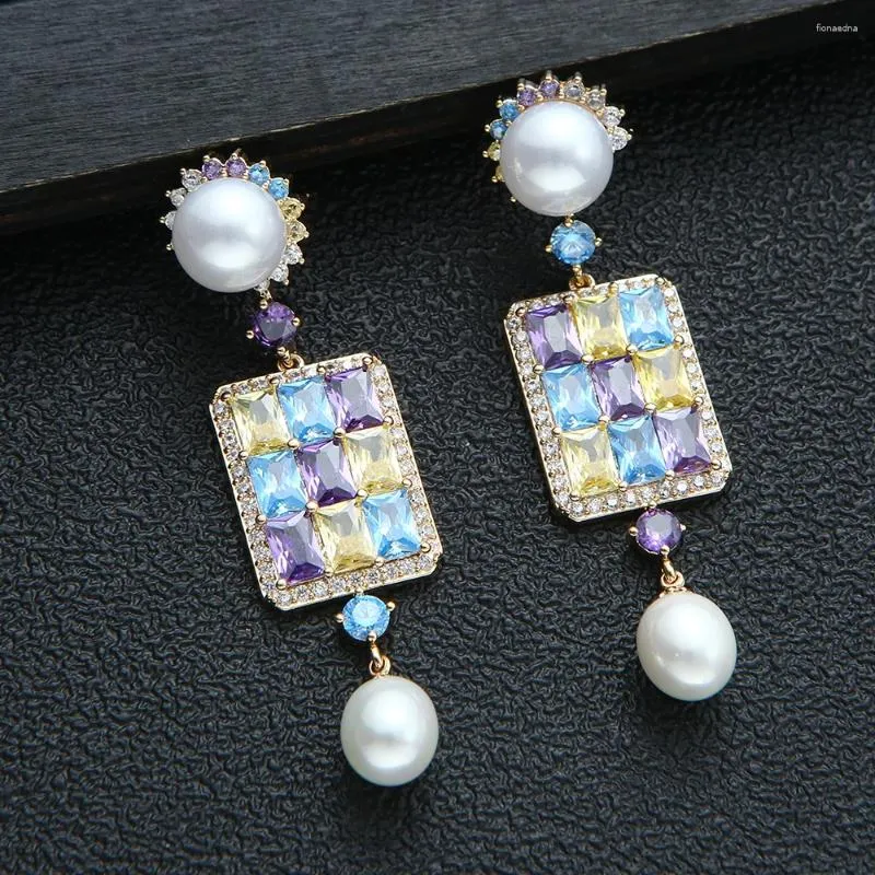 Boucles d'oreilles enracinement Love Square Colorful Pearl Oreing For Women Wedding Party Dubai Bridal Jewelry Boucle d'Oreille Femme Gift E10218