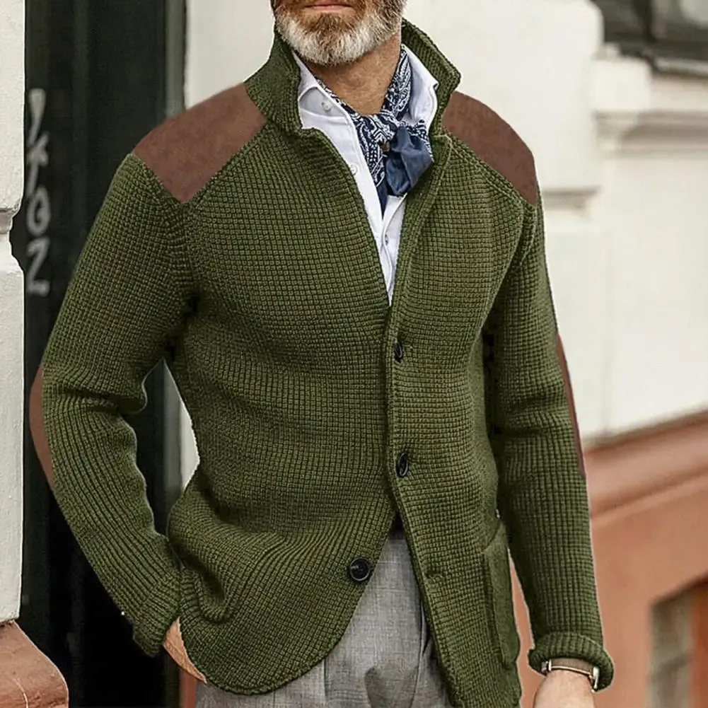Spliced Sleeve Cardigan Sweater Men's Single-breasted Lapel Knitted Cardigan Sweater Coat with Patchwork Color for Winter