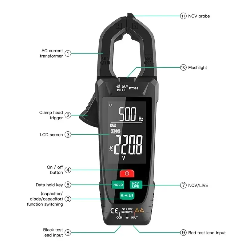 FY382デジタルクランプメーター9999カウントAC電圧電流クランプトゥルーRMSオートレンジテンプ容量OHM Hz Ammeter Pliers