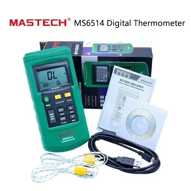 MASTECH MS6514 CANIAL DUAL Termômetro digital Dados Testador de temperatura Tester USB Interface Thermocouple Sensor Sonda MS6514