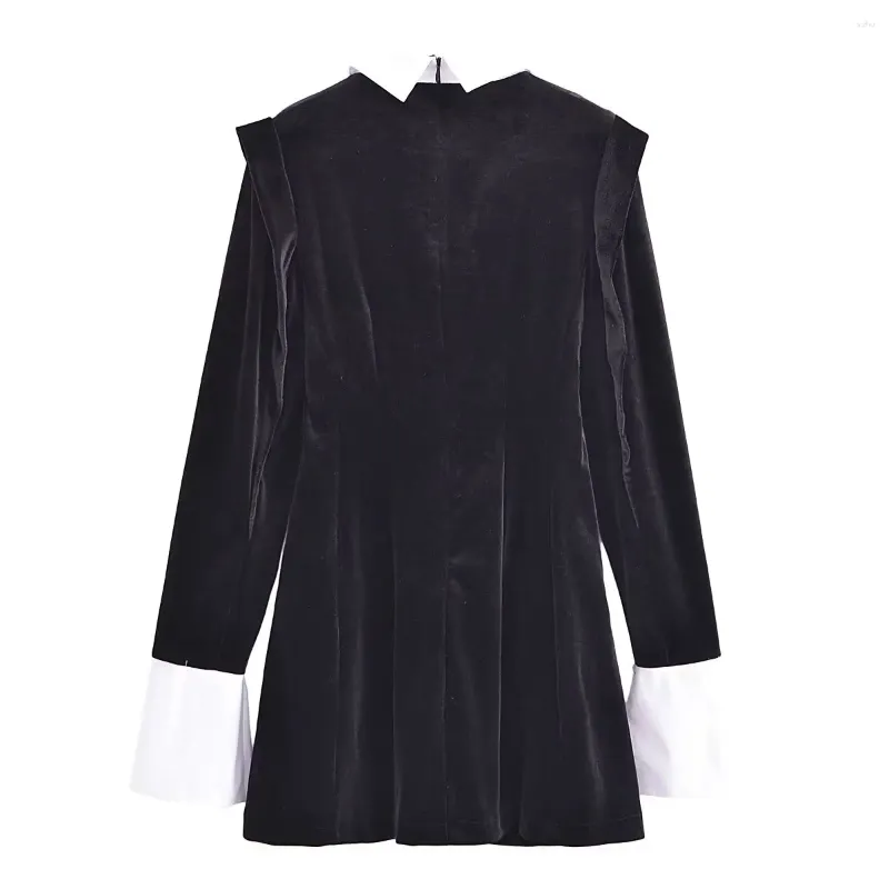 Casual Dresses Withered Fashionable Women's Long Sleeved Mini Black Party Dress for 2024 Spring Color Blocking Velvet Women