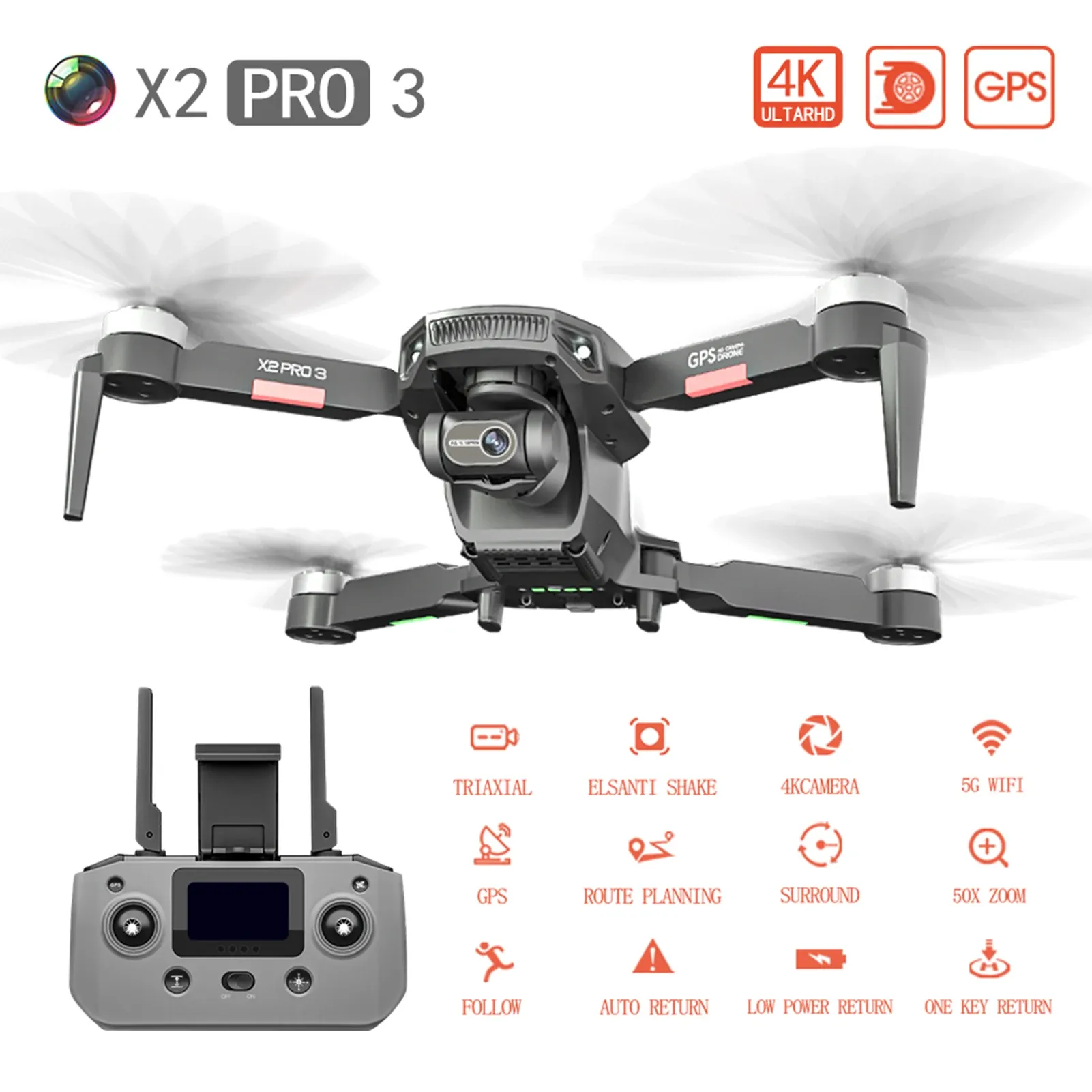 Drohnen 5G RC X2PRO3 Drohnen Fernbedienungsflugzeug GPS Selfstabilisierende elektronische Drohnenfaltung Fouraxis HighDefinition Luftdrohne