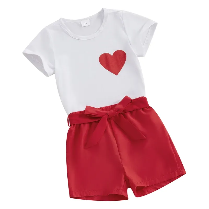 Småbarn spädbarn baby flicka kläder set valentins dag kort ärm hjärttryck t-short shorts barn 2 st.