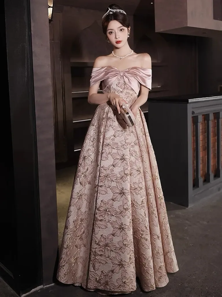 Pink Floral Jacquard Off the Shoulder Bridesmaid Dress for High Evening Events