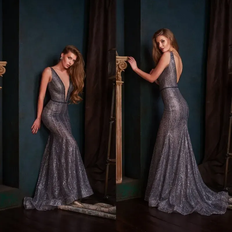 2024 Latest Prom Dresses Sexy Deep V Neck Backless Lace Charming Mermaid Evening Wear Sweep Train Party Gowns Special Occasion Dresses