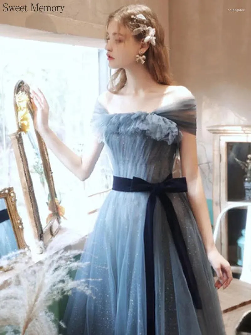 Runway Dresses Sweet Memory Grey Blue Celebrity Tulle Mesh Net Net spetsar UTPREPRE RECTIST DRESS GOLV LÄNKA Formell aftonklänning