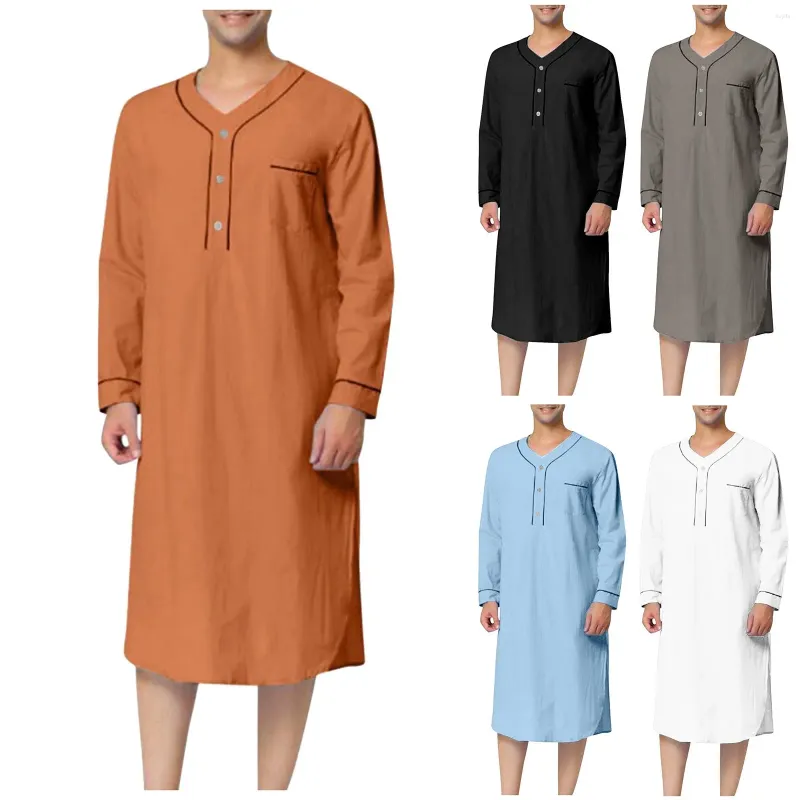 Men's Casual Shirts 2024 Muslim Jubba Thobe Solid Color Eid Prayer Clothes Vintage Long Sleeve Robes Abaya Male Islamic Clothing Arabic