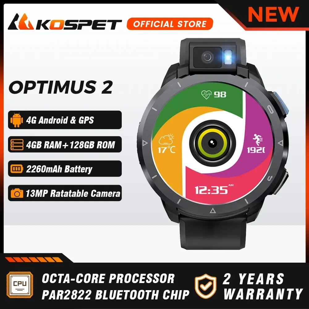 Смотрите 2024 KOSPET Optimus 2 Ultra Men Smart Wwatch GPS Smart Watch для мужчин 4G Android Watches 4 ГБ+128 ГБ 13 -мегапиксельной фонарик камеры 2260mah