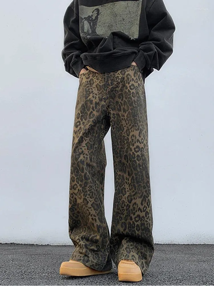 Kvinnors jeans leopard tryck baggy kvinnor y2k bred ben denim överdimensionerade byxor streetwear lös vintage hip hop designer