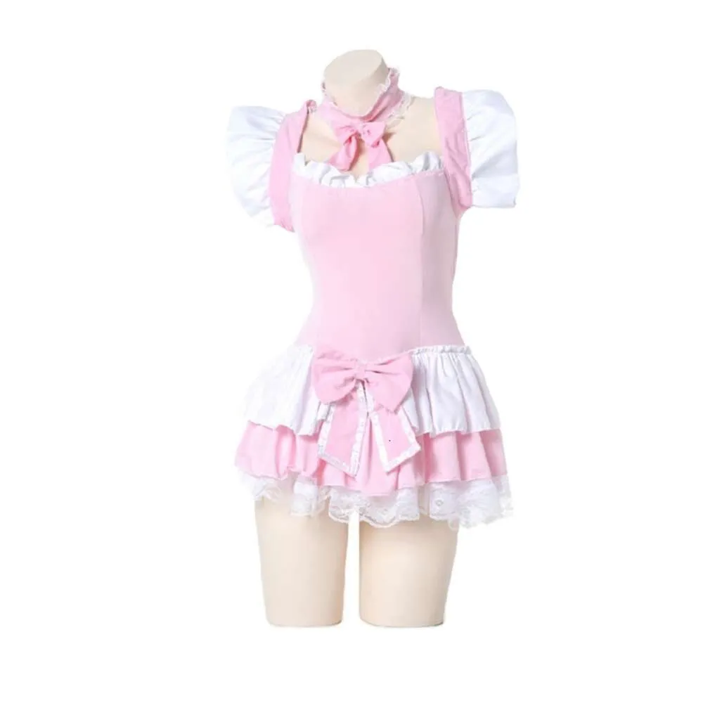 Schattige roze ruche meid -outfit Japanse meisje cosplay sexy kostuums dagelijkse schort uniform rok set kawaii nachtdress