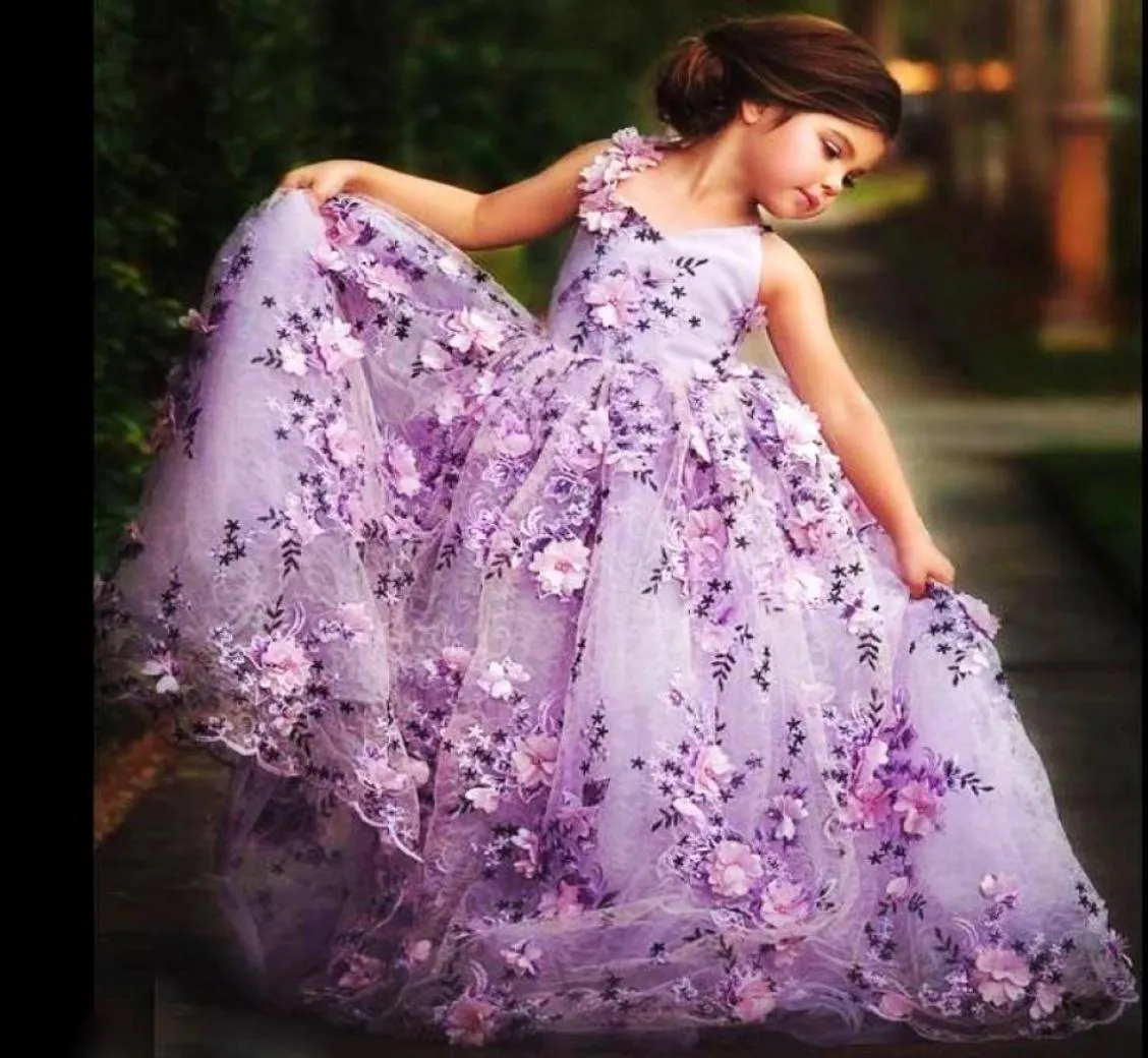 Amazingly Purple Flower Girl Dresses Lovely VNeck 3DFloralApplique Tulle Girl Birthday Dresses Gorgeous Girls Dress for Wedding7646266