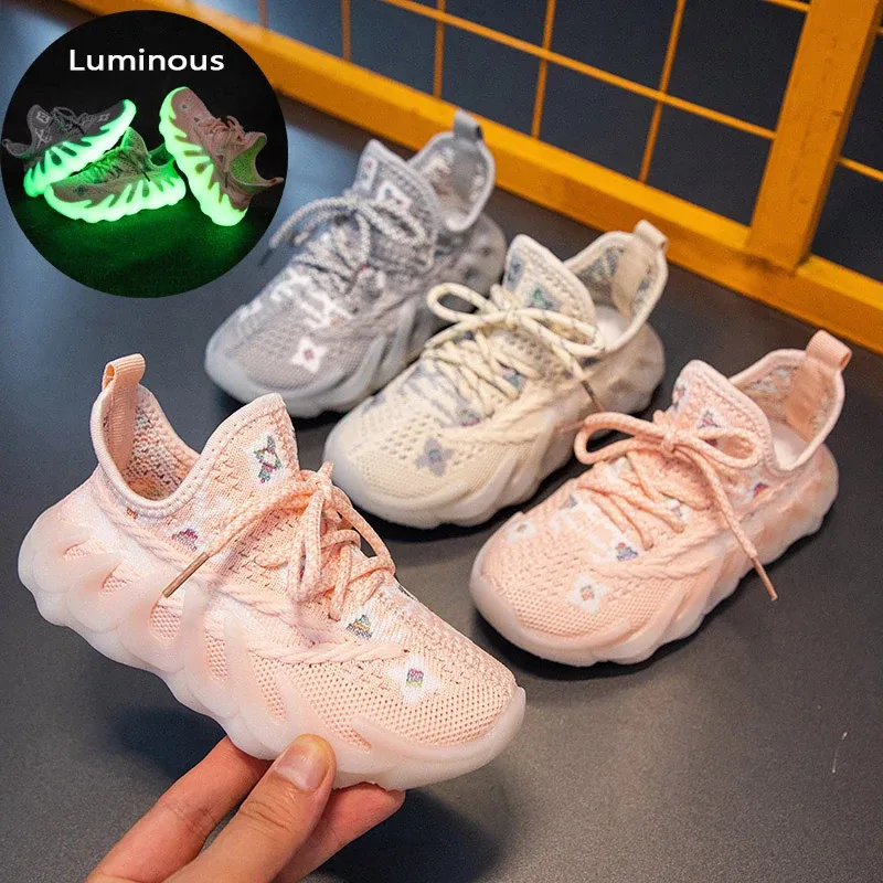 Sneakers Kids Sneakers Unisex Children Luminous Casual Sneakers Laceup Girls Spring Mesh Nonslip Running Shoes Boys 2022 Sport Shoes