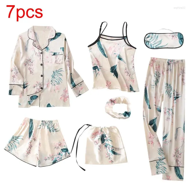 Abbigliamento per la casa Donne 2024 Stitch di primavera di primavera set di set di seta di seta per abbigliamento da sonno pigiami per pijama femminino pajama 7pcs set