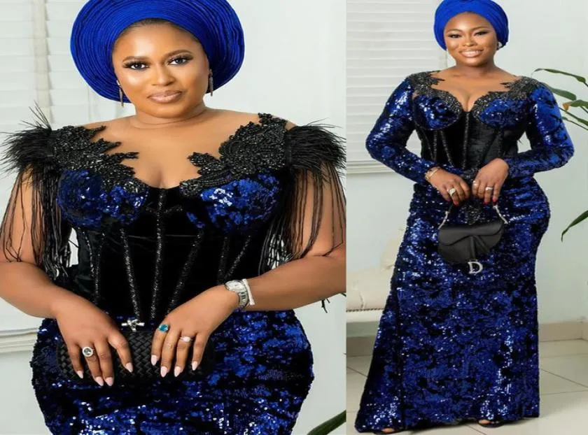 2021 Plus Size Arabic Aso Ebi Royal Blue Sparkly Prom Dresses Lace Beaded Sheer Neck Sequined Evening Formal Party Second Receptio8106475