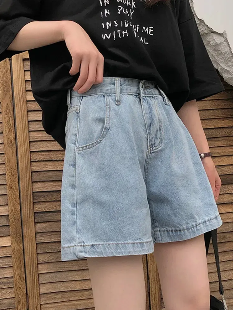 SXL Женская джинсовая джинсовая ткань с короткой высокой талией, женская корейская в стиле, летние дамы, широкие джинсы шортов для 78189 240409