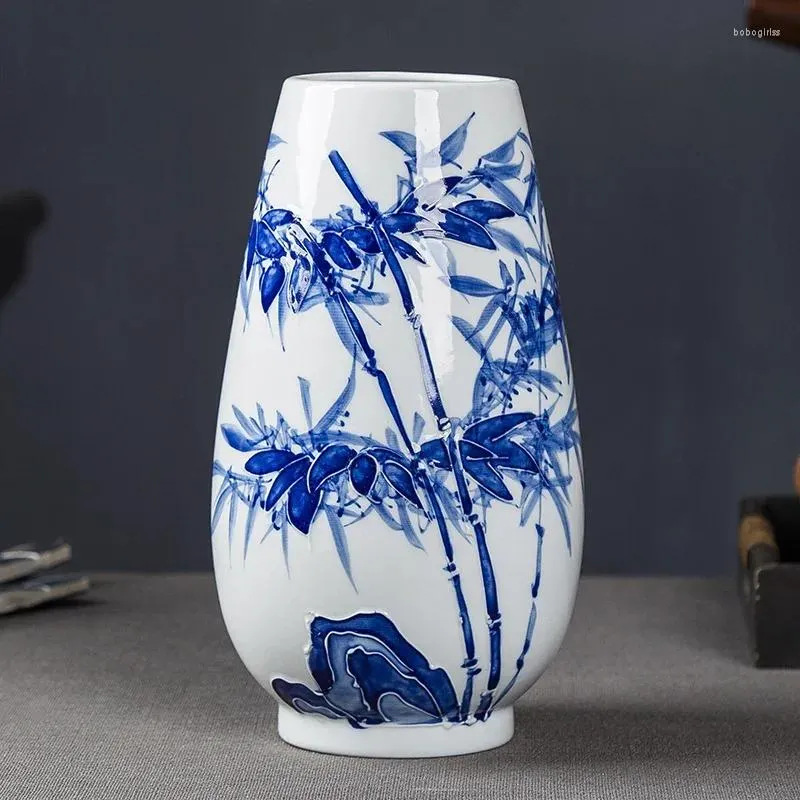 Vasen Jingdezhen Chinaware Blau und Weißes Porzellan wohlhabender Bambusblume Vase Chinese Wohnzimmer Desktop Bloom Dekoration