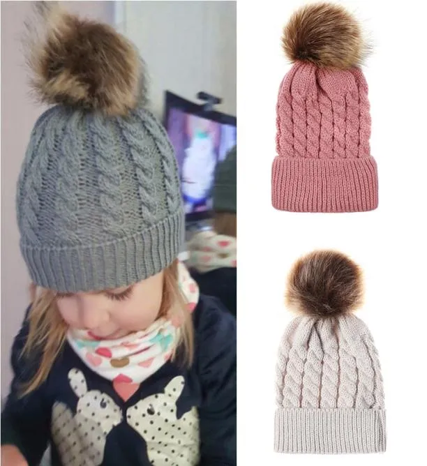 Baby Knitted wool ed Hats children Pompom fur ball Crochet Caps Winter warm Kids Boys Girls Beanie cap 9 colors C16546605295