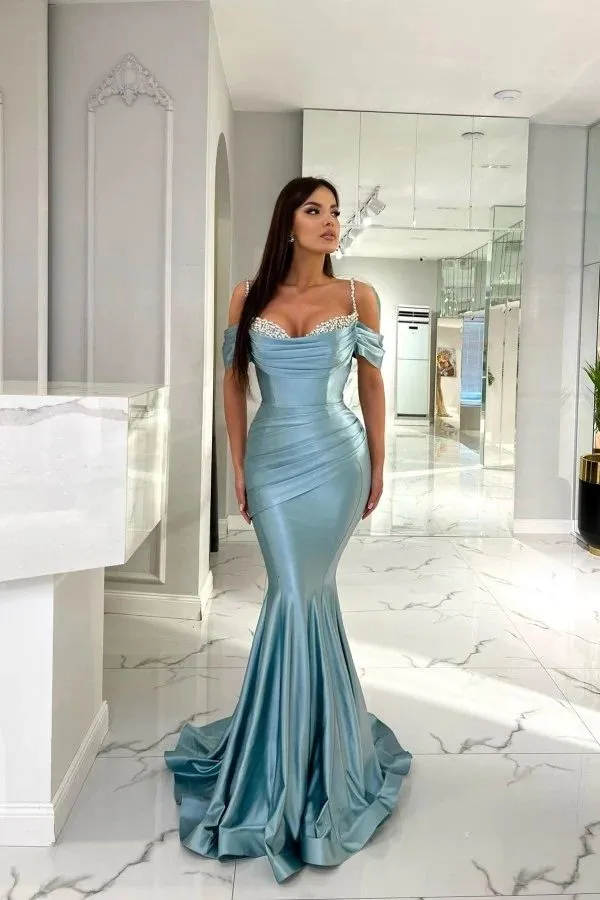 Elegant Off the Shoulder Spaghetti Straps Prom Dresses Sky Blue Mermaid Pleats Ruffles Floor Length Evening Gowns With beads Sequins