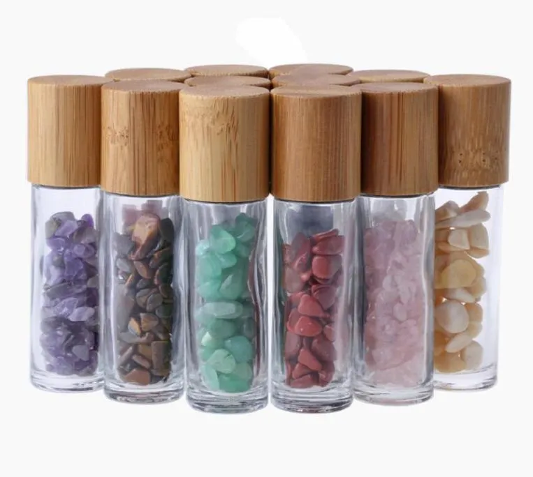 10 ml Natural Semiprecious Stones ätherische Öl Edelstein -Rollenkugel leere Flaschen Klares Glasheilung Kristall Rollenkugel Bambus C5674447