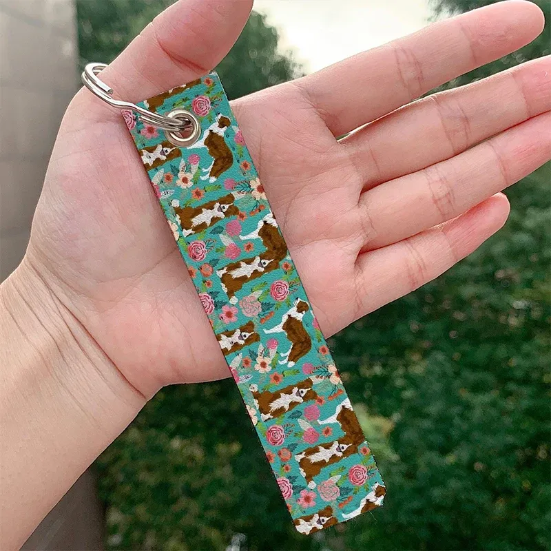 Border Collie Florals Match Keychain Keychain Strap Keyrings Hanging Holder Sac Car Portefeuille Pointe Tring Keechain Décoration de suspension