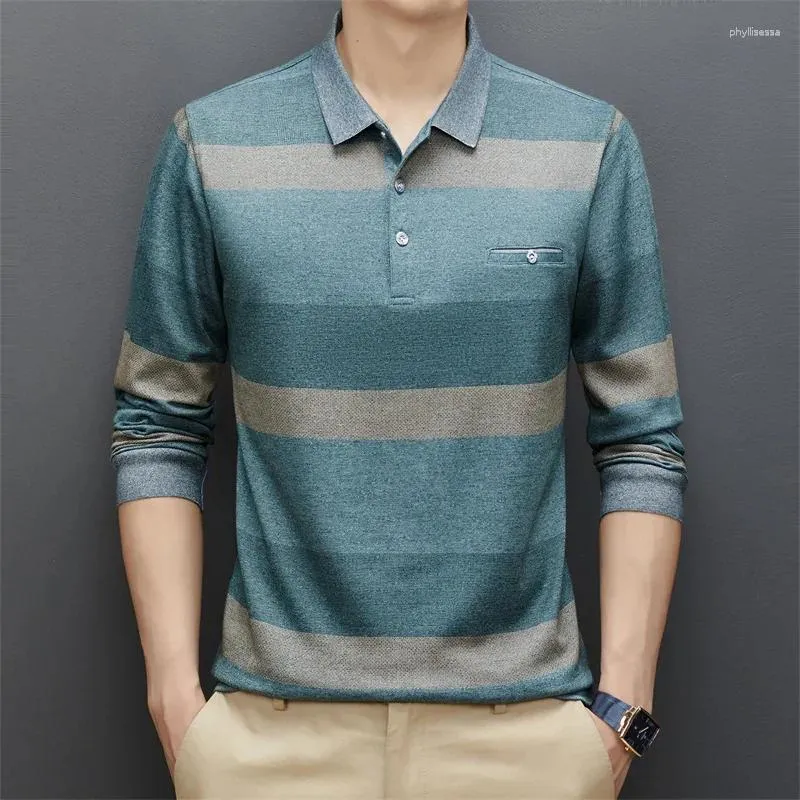 Polo's voor heren casual streep plaid polo shirt met lange mouwen mode solide top