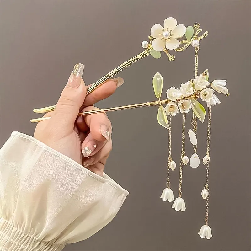Retro Bell Orchid Floral Pearl Tassel Metal Hair Sticks 