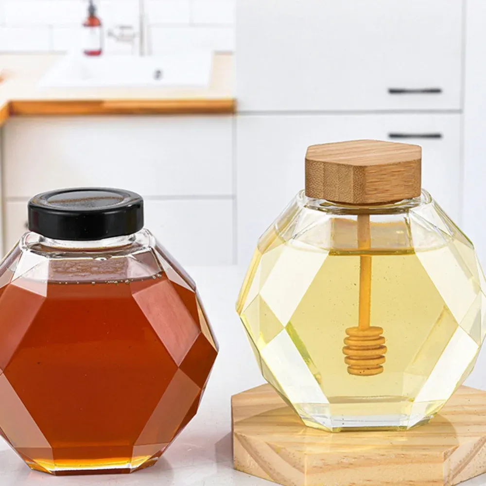 200/380ml Küche Honey Jar Lagerung kann hexagonale Glas Honigflasche mit hölzernen Rührstangen Honigflaschenbehälter