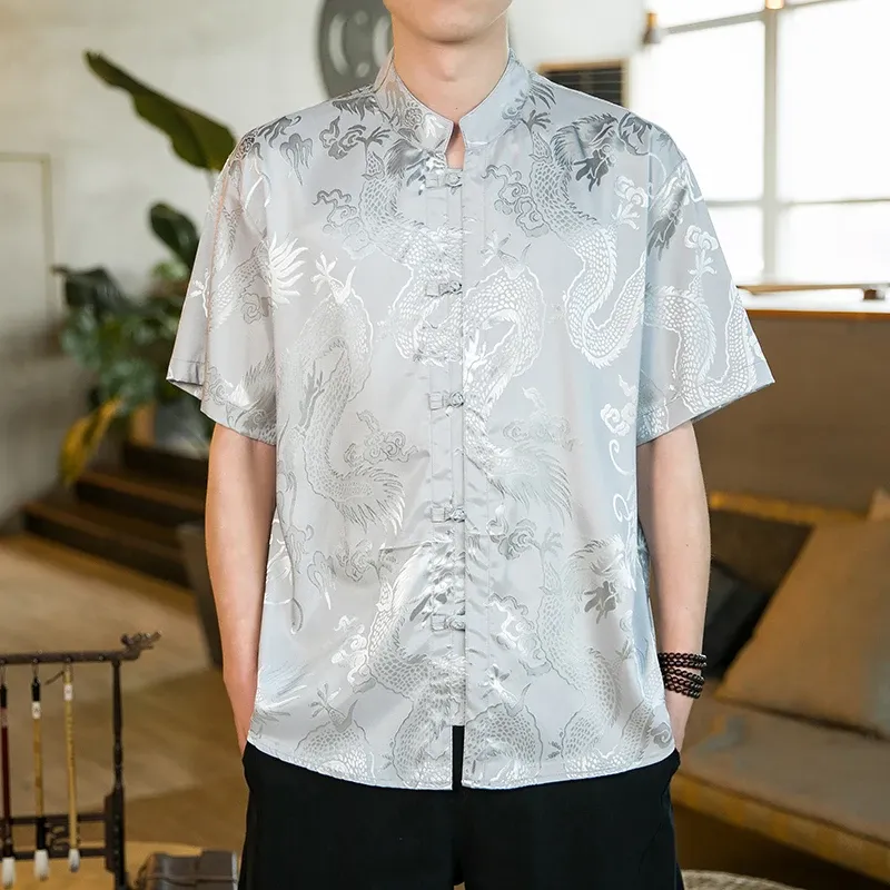 メンシャツマンダリンカラー半袖夏の特大5xlプラスサイズの男性フォーマルブラックレッドレッドチャイニーズニューイヤーレトロ