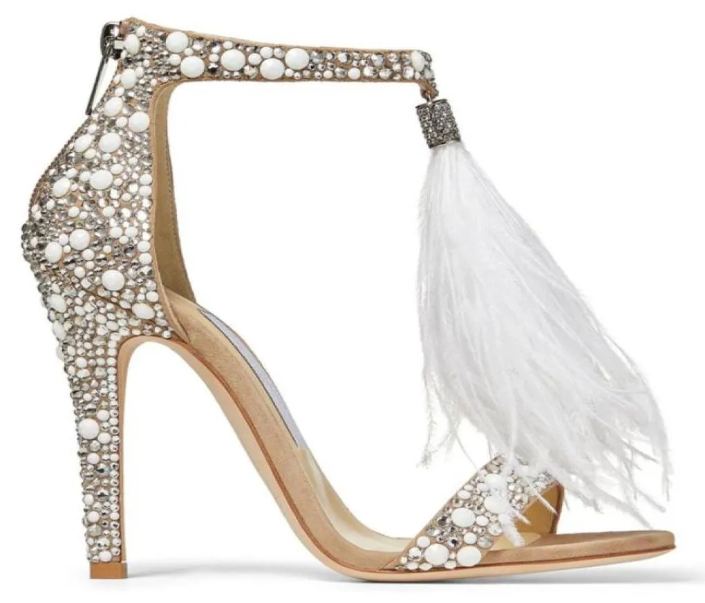 Fashion Runway y Feather Fringe Sandalen Frauen Strass -Perlen mit hohen Heels Sommer Brauthochzeitsschuhe Frau sexy Ope11035519138659