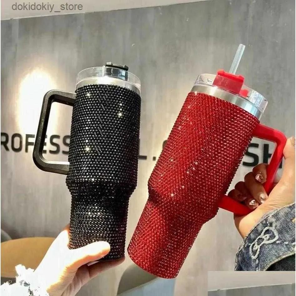 Mokken MUS 1PCS 40oz Blin Tumblers met handgreeplid en ST Rhinestones Car Travel Holder opgelegd roestvrijstalen Double Wall Water Cups FY57 OTSB1 L49